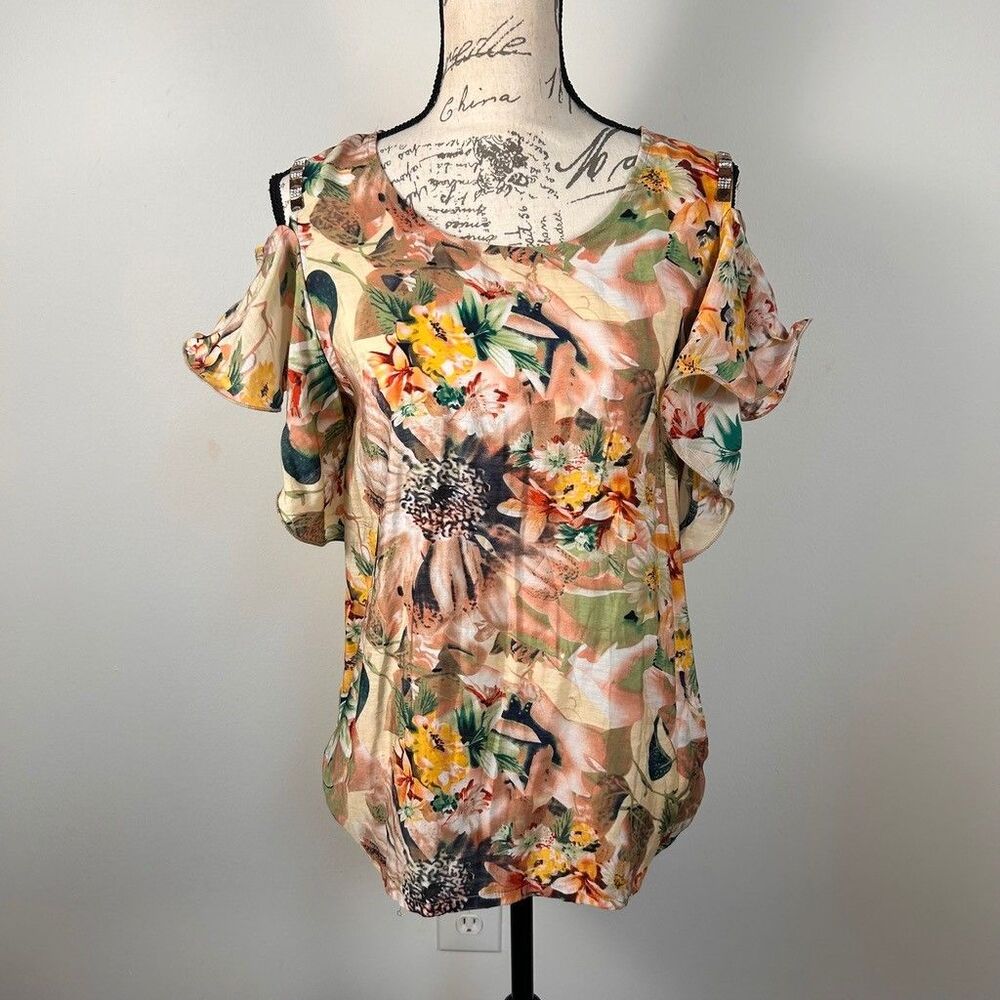 Holly Bracken Floral Cold Shoulder Blouse Womens S/M Rhinestone Accent Top NWT